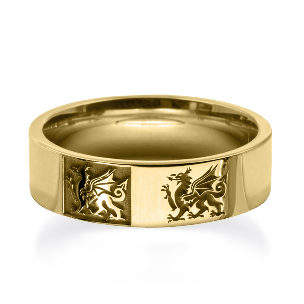 Yellow Gold Patterned Wedding Rings Welsh Dragon Ring YG A