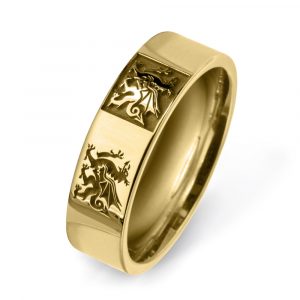 Yellow Gold Patterned Wedding Rings Welsh Dragon Ring YG