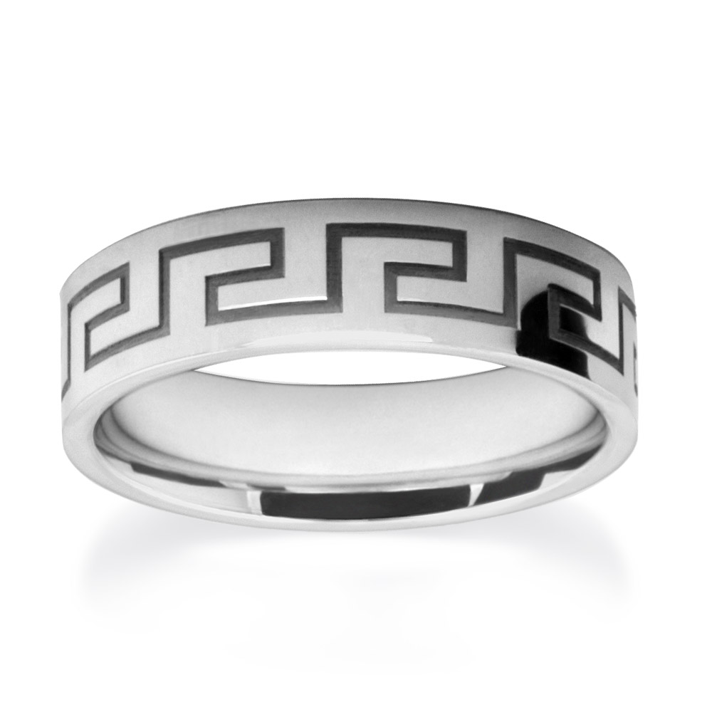 White Gold Greek Key Meander Patterned Wedding Rings W7519-YG-A