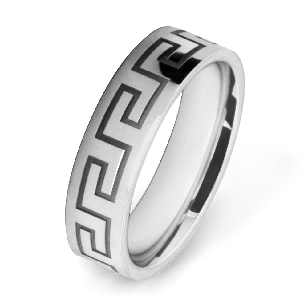 White Gold Greek Key Meander Patterned Wedding Rings W7519-YG