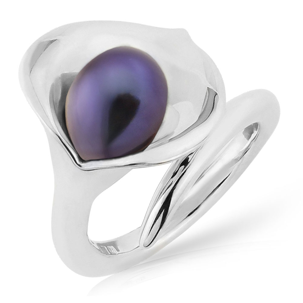 Sterling Silver Dyed Black Freshwater Cultured Pearl Calla Lily Ring