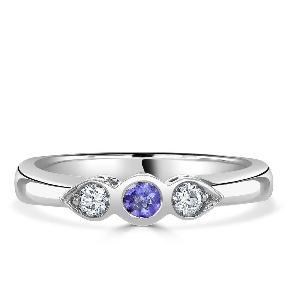 Three stone ring with round tanzanite and marquise moissanite – Oore jewelry