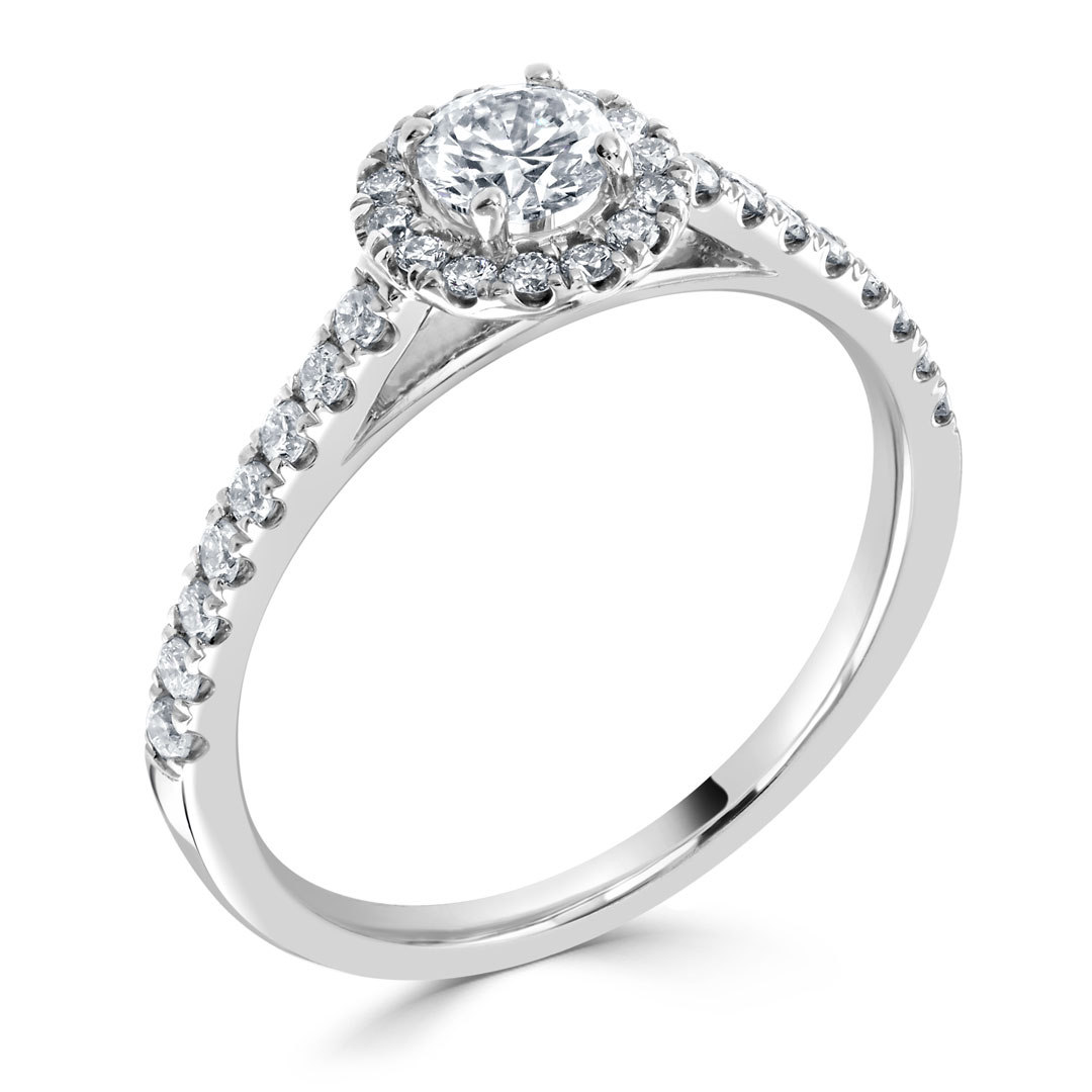 Diamond Halo White Gold Engagement Ring with shank diamonds-X3101C