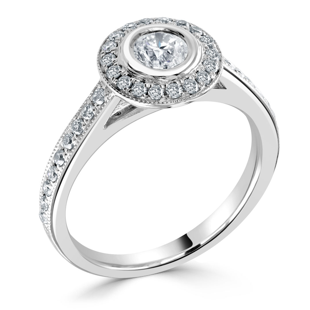 Round Bezel Set Moissanite & Diamond Halo Cathedral Engagement Ring