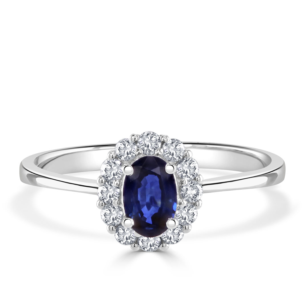 18ct White Gold Blue Sapphire Halo Diamond Ring