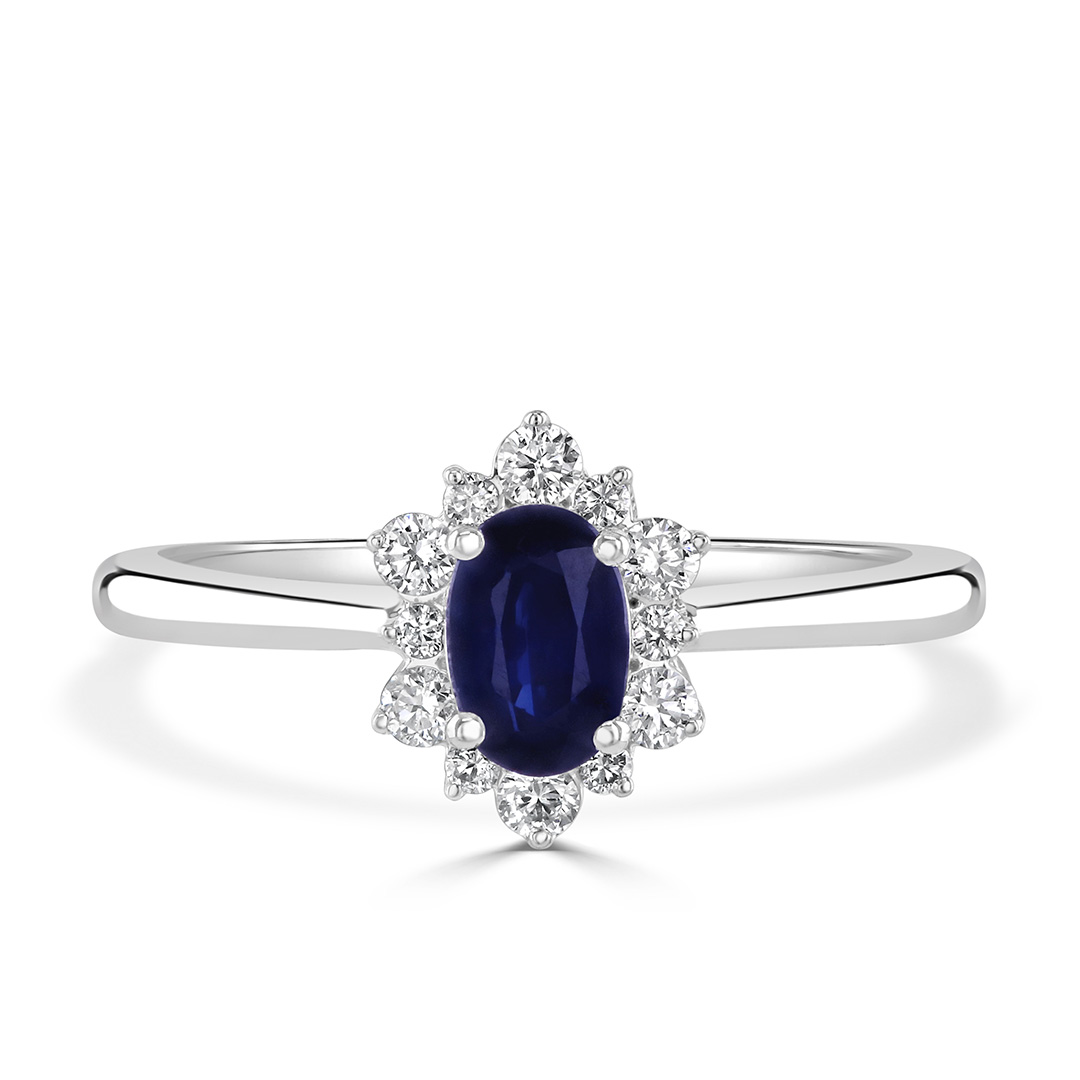 Autumn and May White Gold Blue Sapphire and Diamond Starburst Halo Engagement Ring X7117B.jpg