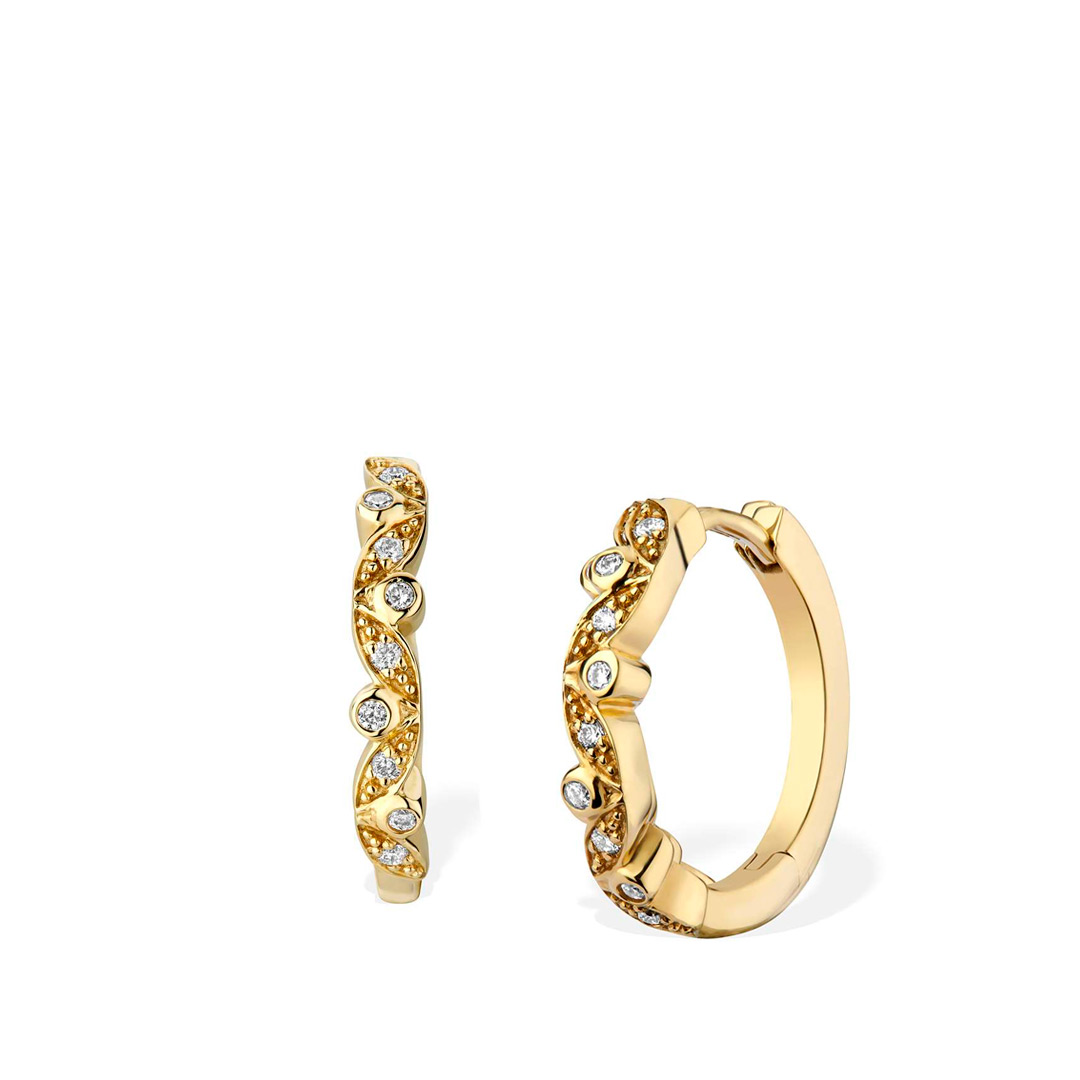 18ct Yellow Gold Floral Diamond Set Large Huggie Hoop Earrings