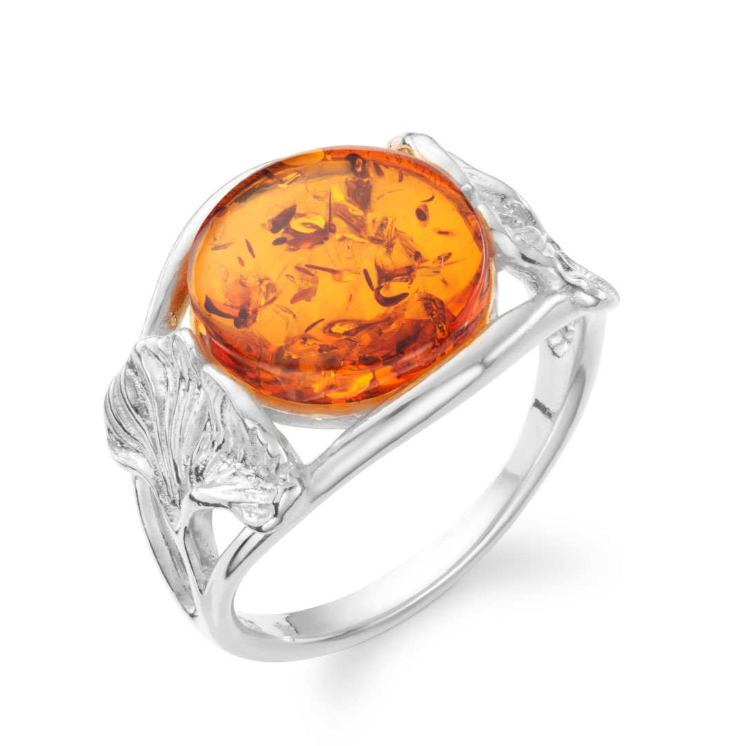 Eden Ginkgo Leaf Halo Circle Baltic Cognac Amber Ring Autumn and