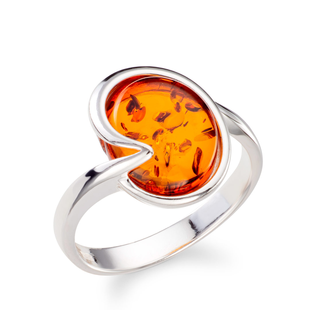 Luminor Sterling Silver Round Cognac Baltic Amber Ring Autumn